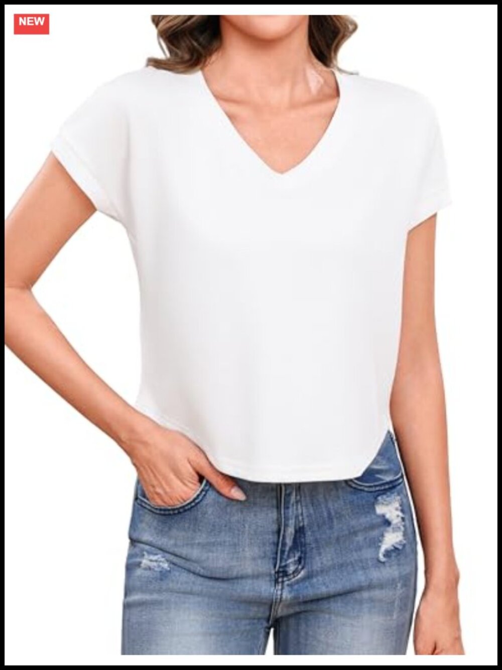 Women Cropped Cap Short Sleeve V Neck Loose Fit Summer Casual Tee Shirt